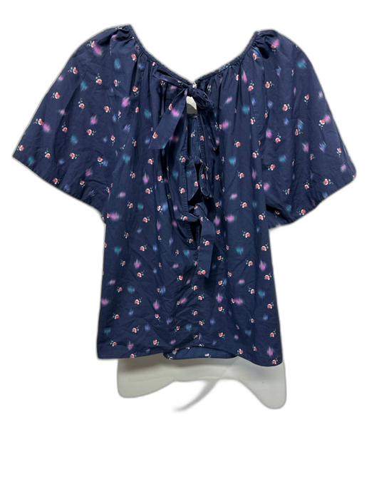 Rebecca Taylor Size 4 Indigo & Pink Cotton Floral Short Sleeve Gathered Neck Top Indigo & Pink / 4