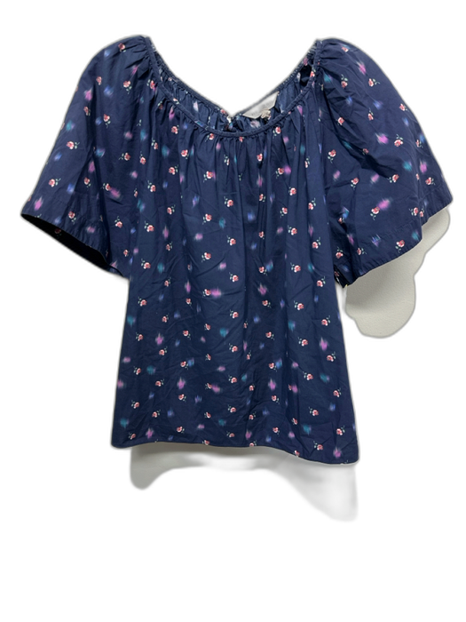 Rebecca Taylor Size 4 Indigo & Pink Cotton Floral Short Sleeve Gathered Neck Top Indigo & Pink / 4