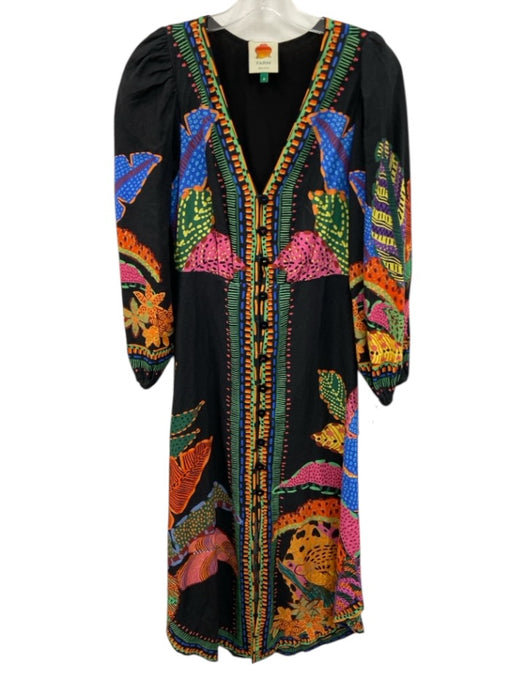 Farm Rio Size Small Black, Green, Blue Viscose Long Sleeve Abstract Print Dress Black, Green, Blue / Small