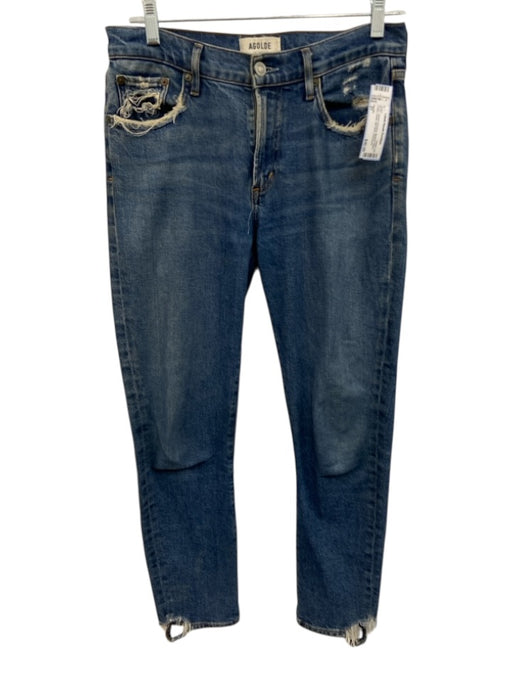 Agolde Size 27 Medium Wash Cotton Denim Mid Rise Distressed Straight Leg Jeans Medium Wash / 27
