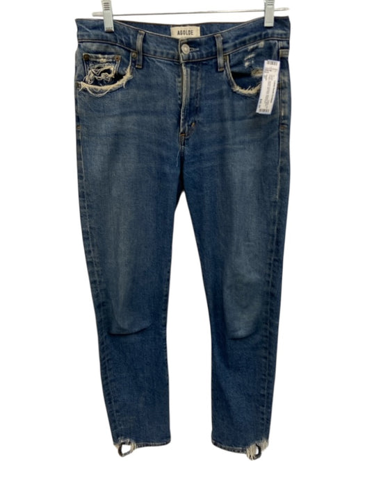 Agolde Size 27 Medium Wash Cotton Denim Mid Rise Distressed Straight Leg Jeans Medium Wash / 27