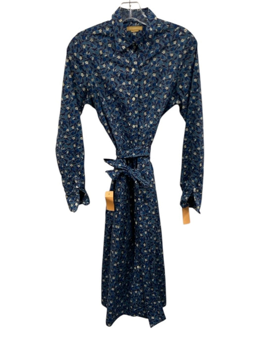 Ann Mashburn Size S Blue Cotton Floral Maxi Tie Belt Button Front Dress Blue / S