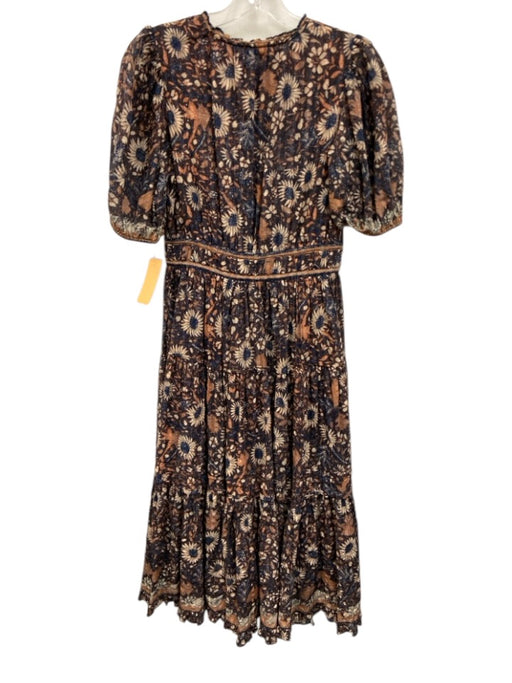 Ulla Johnson Size 4 Navy Multi Cotton Blend Floral V Neck Puff Sleeve Dress Navy Multi / 4