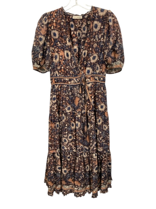 Ulla Johnson Size 4 Navy Multi Cotton Blend Floral V Neck Puff Sleeve Dress Navy Multi / 4