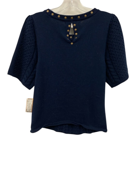 Melissa Nepton Size S Navy Cotton Cable Knit studded detail Short Sleeve Sweater Navy / S