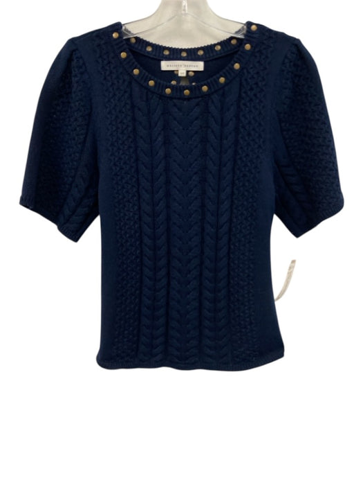 Melissa Nepton Size S Navy Cotton Cable Knit studded detail Short Sleeve Sweater Navy / S
