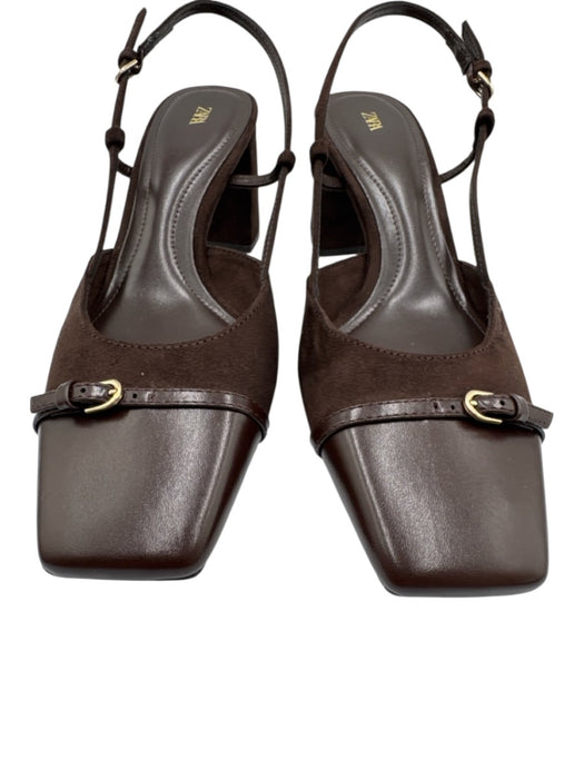Zara Shoe Size 40 Dark Brown Textile Square Toe Ankle Buckle Block Heel Sandals Dark Brown / 40