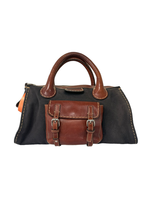 Chloe Black & Tan Canvas & Leather Rolled Handles Front Pocket Top Zip Bag Black & Tan