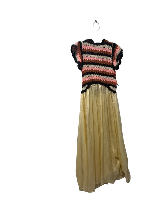Hannah Size 1/S Cream Pink Brown Cotton & Silk Crochet Upper Keyhole Back Dress Cream Pink Brown / 1/S