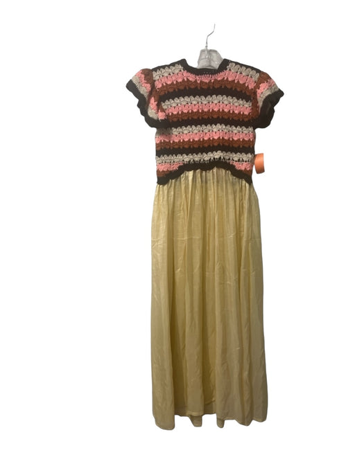 Hannah Size 0/XS Cream Pink Brown Cotton & Silk Crochet Upper Keyhole Back Dress Cream Pink Brown / 0/XS