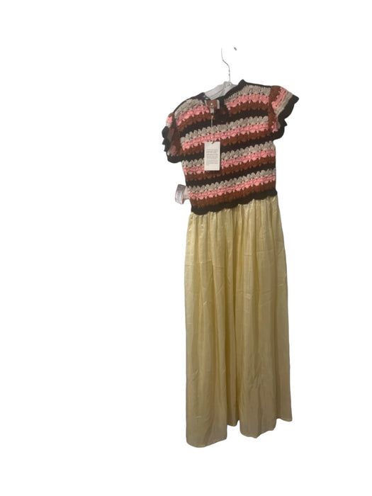 Hannah Size 0/XS Cream Pink Brown Cotton & Silk Crochet Upper Keyhole Back Dress Cream Pink Brown / 0/XS