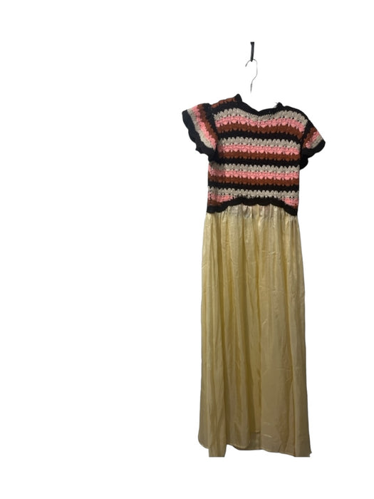 Hannah Size 1/S Cream Pink Brown Cotton & Silk Crochet Upper Keyhole Back Dress Cream Pink Brown / 1/S