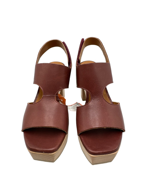Coclico Shoe Size 7 Brown & Beige Leather & Wood Platform Velcro Open Toe Pumps Brown & Beige / 7