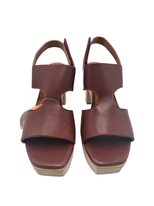 Coclico Shoe Size 10 Brown & Beige Leather & Wood Platform Velcro Open Toe Pumps Brown & Beige / 10