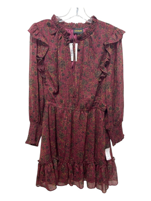 Sugarlips Size L Maroon Black Beige Polyester Paisley Ruffle Neckline Dress Maroon Black Beige / L