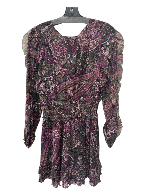 Cleobella Size M Black Purple Green Viscose Floral Paisley V Neck Ruffle Dress Black Purple Green / M