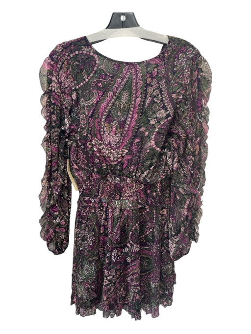 Cleobella Size M Black Purple Green Viscose Floral Paisley V Neck Ruffle Dress Black Purple Green / M