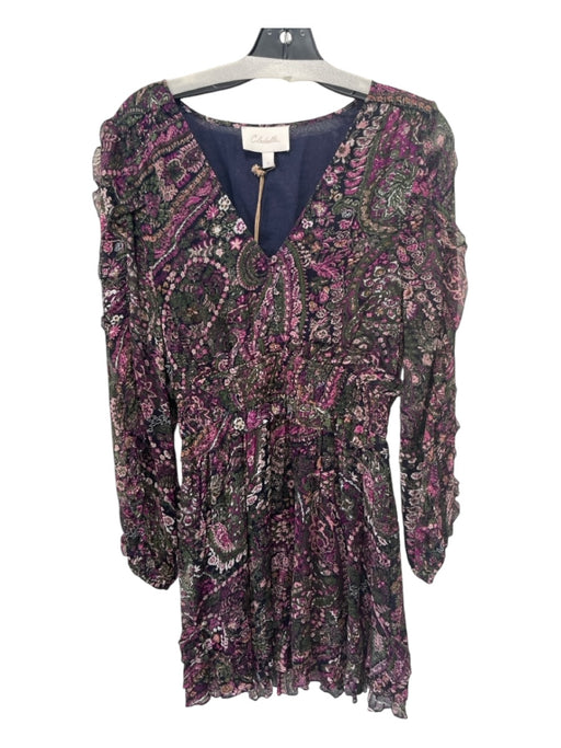 Cleobella Size M Black Purple Green Viscose Floral Paisley V Neck Ruffle Dress Black Purple Green / M