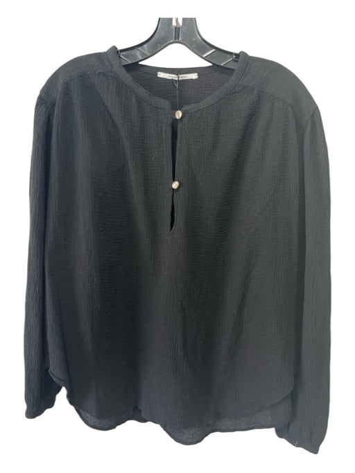 Pomandere Size M Black Cotton Gauze 1/4 Button Long Sleeve Curved Hem Top Black / M