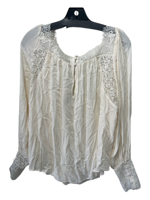 Free People Size M Cream White Viscose Square Neck Long Sleeve Lace Trim Top Cream White / M