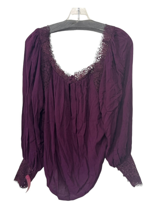 Free People Size M Purple Viscose Square Neck Long Sleeve Lace Trim Top Purple / M