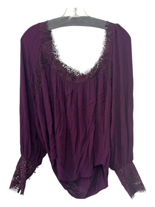 Free People Size M Purple Viscose Square Neck Long Sleeve Lace Trim Top Purple / M