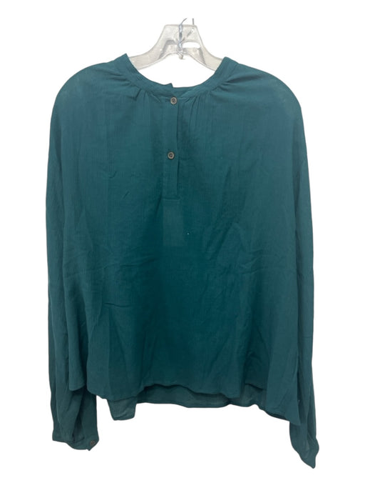 Pomandere Size M Green Cotton Blend 1/4 Button Gauze Long Sleeve Curved Hem Top Green / M