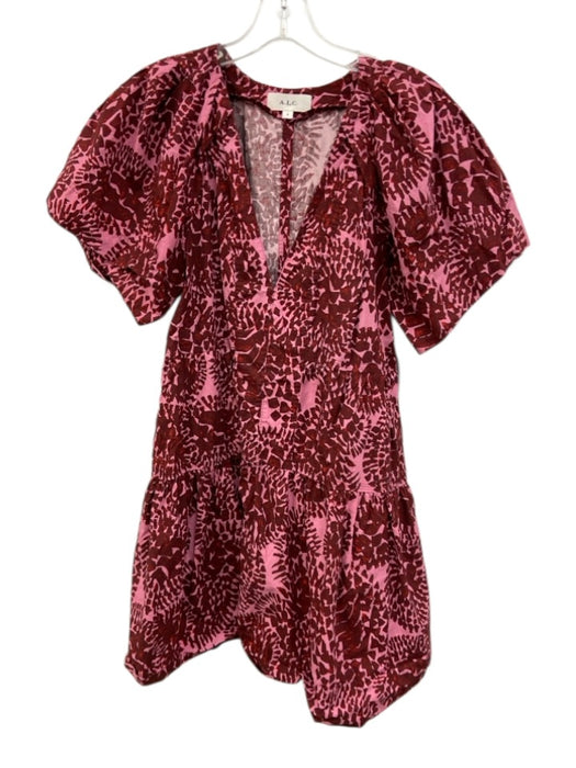 A.L.C. Size 4 Pink & Red Cotton Short Sleeve V Neck Abstract Print Dress Pink & Red / 4