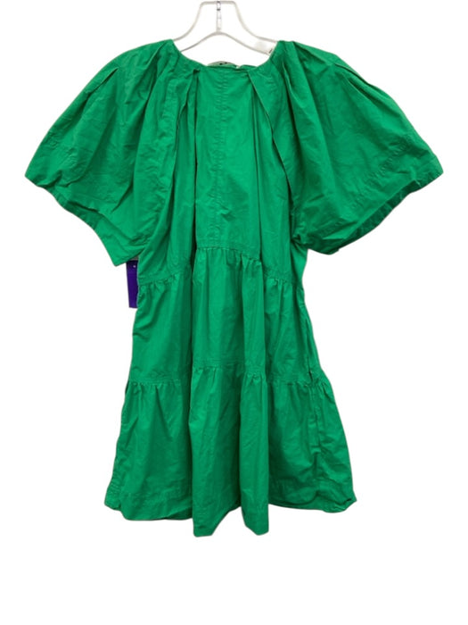 A.L.C. Size 4 Green Cotton Short Sleeve V Neck Tiered Gathered Detail Dress Green / 4