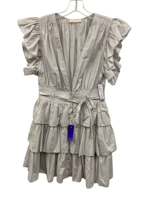 Ulla Johnson Size 4 Cream Gray Cotton Ruffle Cap Sleeve V Neck Tiered Dress Cream Gray / 4
