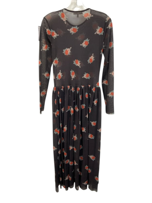 Ganni Size 38 Black & Multi Polymide floral print Round Neck Long Sleeve Dress Black & Multi / 38