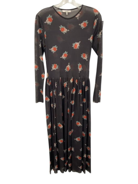Ganni Size 38 Black & Multi Polymide floral print Round Neck Long Sleeve Dress Black & Multi / 38
