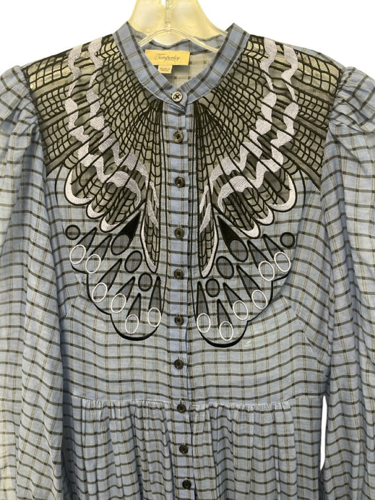 Temperley Size 4 Blue Silk Blend Button Front Embroidered Plaid Dress Blue / 4