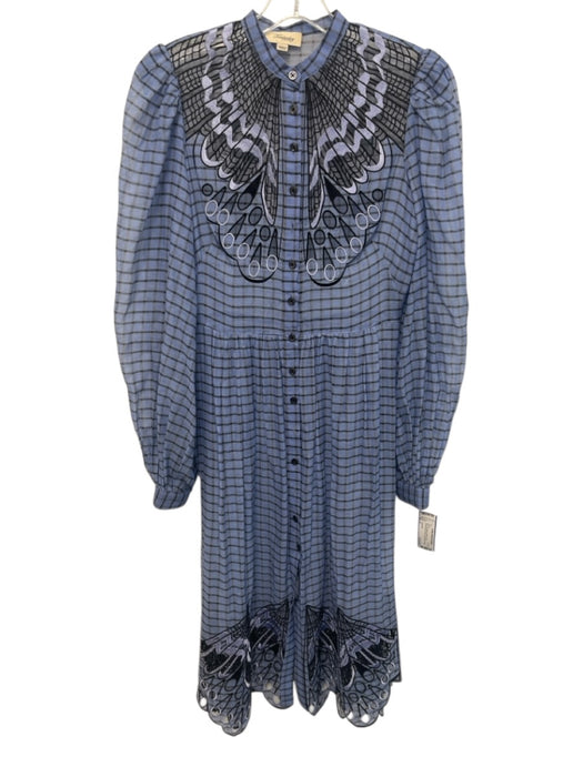 Temperley Size 4 Blue Silk Blend Button Front Embroidered Plaid Dress Blue / 4