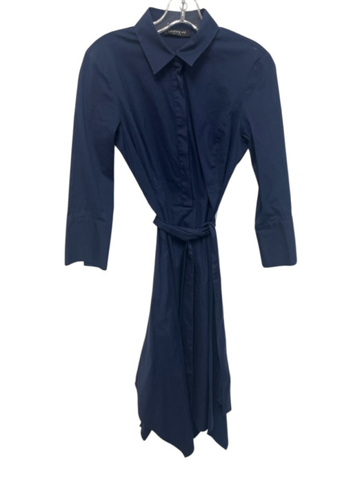 Lafayette 148 Size 4 Navy Cotton 1/2 Button Long Sleeve Tie Belt Dress Navy / 4