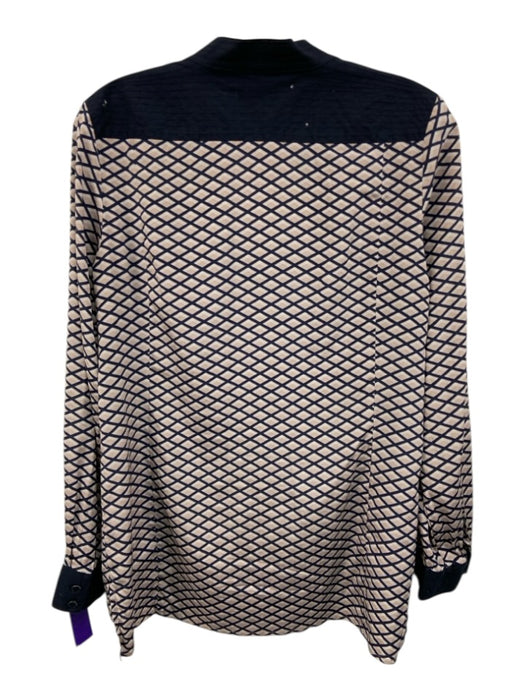 Tory Burch Size 4 Blue & Tan Silk Blend Geo Print V Neck Long Sleeve Top Blue & Tan / 4