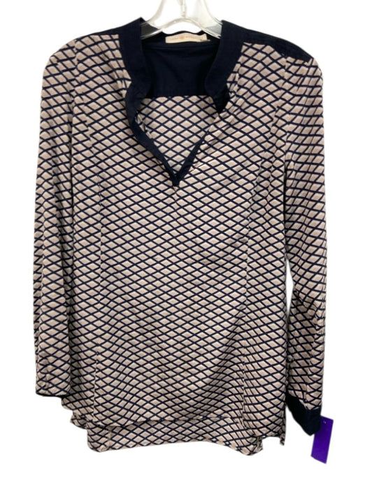 Tory Burch Size 4 Blue & Tan Silk Blend Geo Print V Neck Long Sleeve Top Blue & Tan / 4