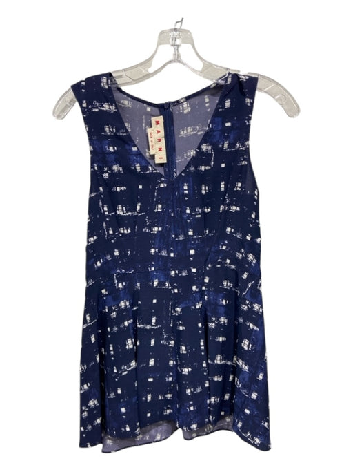 Marni Size 38 Navy Print Silk V Neck Abstract Sleeveless Pleated Hem Top Navy Print / 38