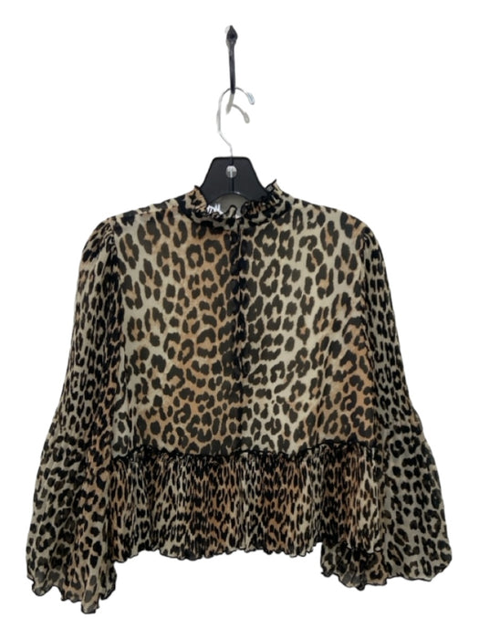 Ganni Size 36 Beige & Brown Polyester Cheetah Ruffle Neckline Long Sleeve Top Beige & Brown / 36