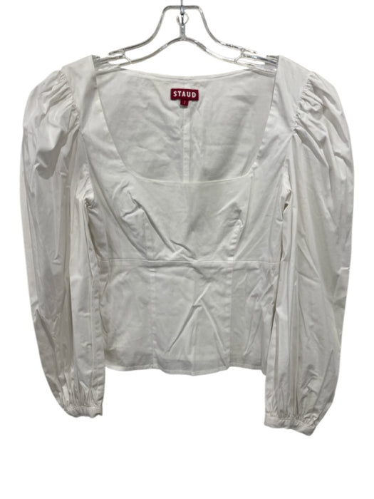 Staud Size 2 White Cotton Blend Puff Sleeves Long Sleeve Wide Neck Zip Close Top White / 2