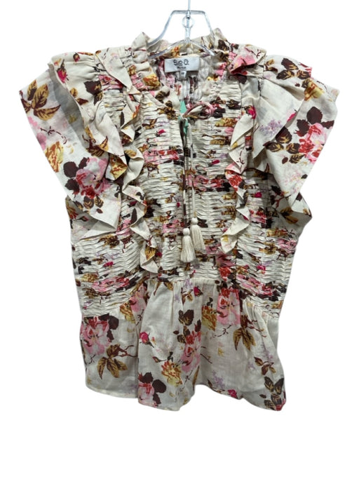 Sea New York Size XS Cream & Multi Ramie Tie Neck smocked Sleeveless Floral Top Cream & Multi / XS