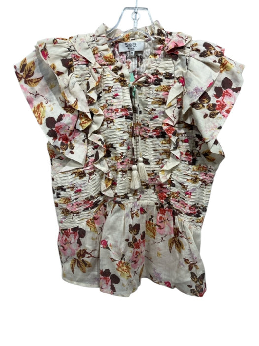 Sea New York Size XS Cream & Multi Ramie Tie Neck smocked Sleeveless Floral Top Cream & Multi / XS