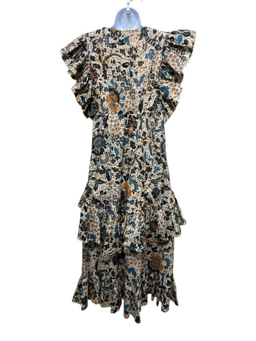 Ulla Johnson Size 4 Cream, Navy & Multi Cotton Printed V Neck Tiered Skirt Dress Cream, Navy & Multi / 4