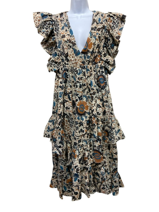 Ulla Johnson Size 4 Cream, Navy & Multi Cotton Printed V Neck Tiered Skirt Dress Cream, Navy & Multi / 4