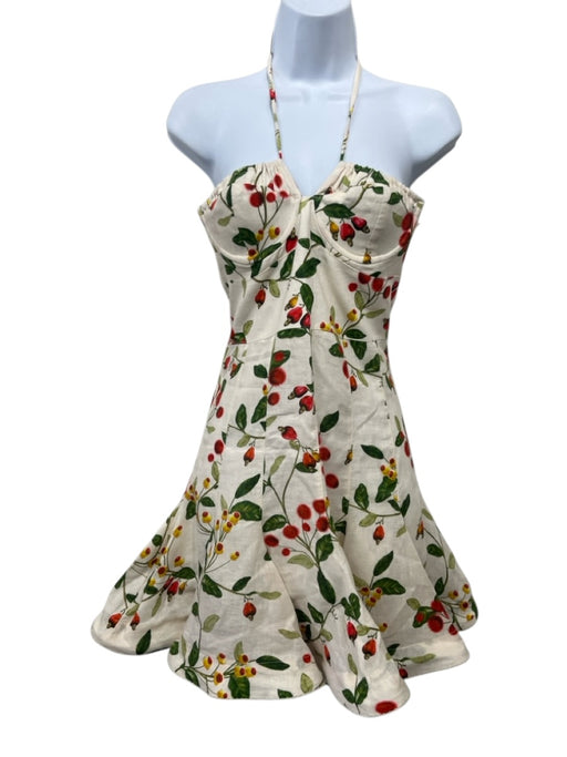 Agua Bendita Size S White & Multi Linen Ruffle Skirt Halter Neck Zip Back Dress White & Multi / S