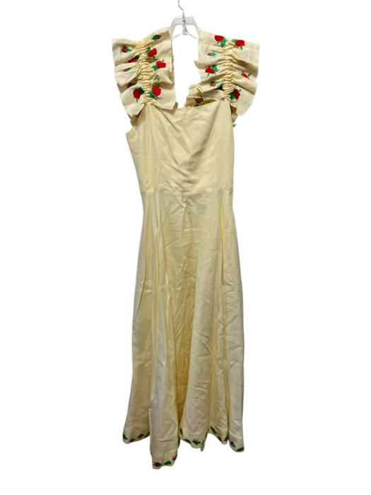 Fanm Mon Size S Pastel Yellow Linen Square Neck Sleeveless Embroidered Dress Pastel Yellow / S