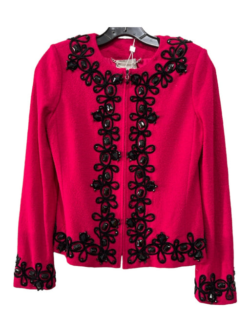 St. John Couture Size 2 Berry Pink & Black Wool Blend applique Jeweled Jacket Berry Pink & Black / 2