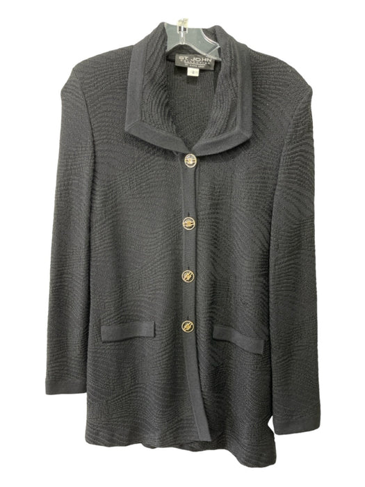 St John Collection Size 2 Black Wool Blend Jacquard Print Enamel Buttons Jacket Black / 2