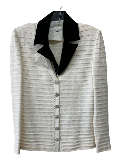 St. John Size 2 Cream & Black Wool Blend Jeweled Buttons Textured Stripe Jacket Cream & Black / 2
