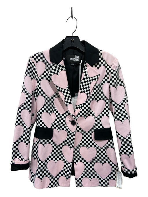 Love Moschino Size 2 Pink, Black, White Cotton Blend Hearts One Button Jacket Pink, Black, White / 2